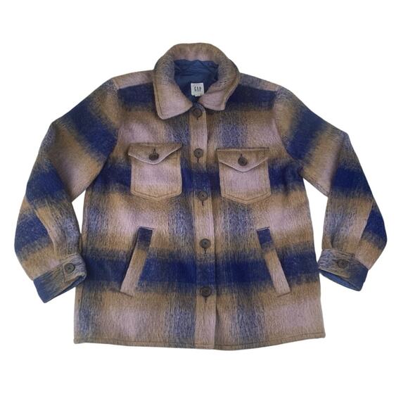 GAP women's medium lofty shirt jacket shacket blue multi purple tan plaid teddy - Picture 1 of 9